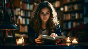 young woman studying literature in library portrait photo