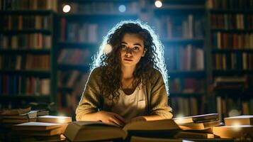 young woman studying literature in library portrait photo