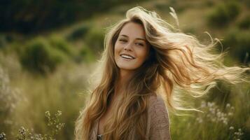 joven mujer con largo rubio pelo disfrutando el al aire libre foto