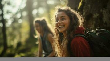 young women enjoying nature hiking in the forest smiling photo
