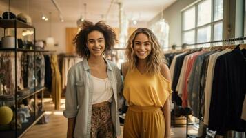 young women smiling in fashionable clothing store photo