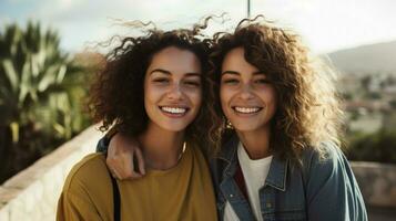 young women smiling looking at camera outdoors in casual photo