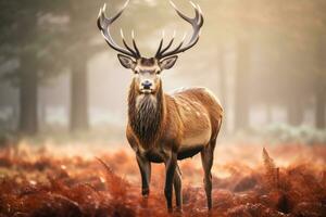 rojo ciervo ciervo en otoño bosque con helechos y neblina, majestuoso rojo ciervo cervus elaphus ciervo en el Mañana neblina, Reino Unido, ai generado foto