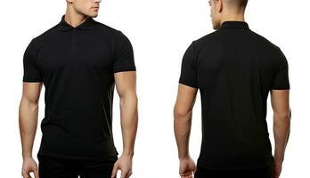 Blank black tshirt template, front and back view isolated on white background, Male model wearing a simple black polo tshirt on a White background, front view and back view, AI Generated photo