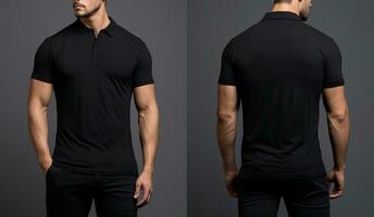 Blank black polo tshirt template, front and back view, Male model wearing a simple black polo tshirt on a White background, front view and back view, top section croppedped, AI Generated photo