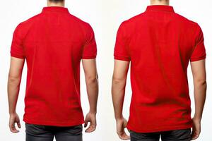 Male red t-shirt template front and back view isolated on white background, Male model wearing a simple red polo shirt on a white background, top section cropped, front view and back, AI Generated photo