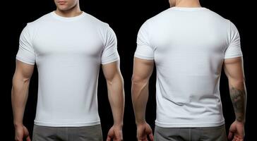 masculino camiseta modelo frente y espalda ver aislado en negro fondo, masculino modelo vistiendo un sencillo blanco polo camisa en un negro fondo, frente ver y espalda vista, sección recortado, ai generado foto