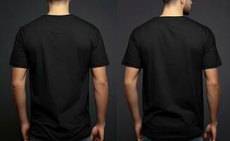 Man in black t shirt on dark background. Mockup for design, Male model wearing a black color Henley t-shirt on a White background, front view and back view, top section cropped, AI Generated photo