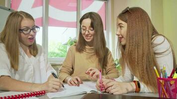 bello adolescente ragazze studiando insieme a aula, scrittura nel manuale video