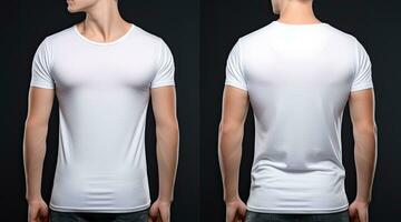 Blank white tshirt template on mannequin, front and back view, Male model wearing a white half sleeves tshirt on a Black background, front view and back view, top section cropped, AI Generated photo