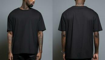 Front and back view of a man wearing a black t shirt, Male model wearing a black color Henley t-shirt on a White background, front view and back view, top section cropped, AI Generated photo