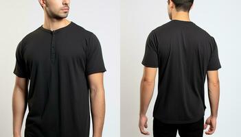 Front and back view of a man in a black tshirt, Male model wearing a black color Henley t-shirt on a White background, front view and back view, top section cropped, AI Generated photo