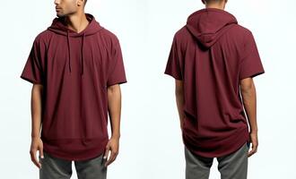 Front and back view of a male model wearing a burgundy t-shirt isolated on white background, Male model wearing a dark maroon color Hooded t-shirt on a White background, AI Generated photo