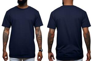 Tshirt mockup template, front and back view. Black man wearing blank tshirt, Male model wearing a dark navy blue color solid t-shirt on a White background, front view and back view, AI Generated photo