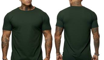 Tattooed man wearing blank green tshirt with space for your logo or design, front and back view, Male model wearing a dark ash half sleeves tshirt on a White background, AI Generated photo