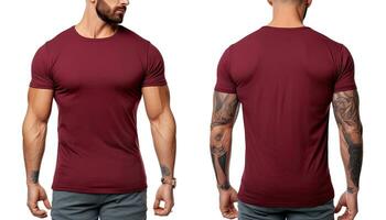 Male tshirt template isolated on white background, front and back view, Male model wearing a dark maroon color VNeck tshirt on a White background, front view and back view, AI Generated photo