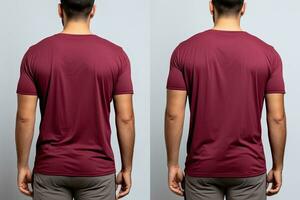 Male tshirt with blank space for your design, front and back view, Male model wearing a maroon color solid tshirt on a White background, front view and back view, top section cropped, AI Generated photo