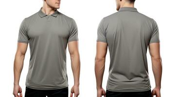 Blank grey polo tshirt template, front and back view, isolated on white background, Male model wearing a simple gray ash polo shirt on a White background, front view and back view, AI Generated photo