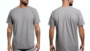 Blank gray tshirt template, front and back view isolated on white background, Male model wearing a dim gray color Henley tshirt on a White background, front view and back view,AI Generated photo