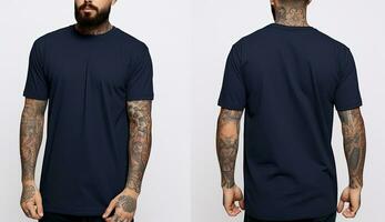 Tattooed man in a dark blue tshirt, Male model wearing a dark navy blue color solid tshirt on a White background, front view and back view, top section cropped, AI Generated photo