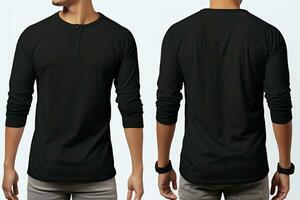 Blank black polo t-shirt mockup, front and back view, Male model wearing a black color Henley t-shirt on a White background, front view and back view, top section cropped, AI Generated photo