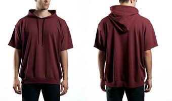 Blank burgundy sportswear mockup, front and back view, Male model wearing a dark maroon color Hooded t-shirt on a White background, front view and back view, top section cropped, AI Generated photo