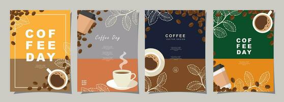 conjunto de bosquejo pancartas con café frijoles y hojas en vistoso antecedentes para póster, menú, café o otro modelo diseño. café día. vector ilustración.