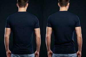 Front and back view of young man wearing blank black tshirt. Mock up, Male model wearing a dark navy blue VNeck tshirt on White background, front view and back view, AI Generated photo