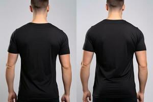 Blank black t shirt template on man body, front and back view, Male model wearing a black color Henley t shirt on a White background, front view and back view, top section cropped, AI Generated photo