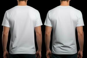 Blank white tshirt template on black background, front and back view, Male model wearing a white half sleeves tshirt on a Black background, front view and back view, top section cropped, AI Generated photo