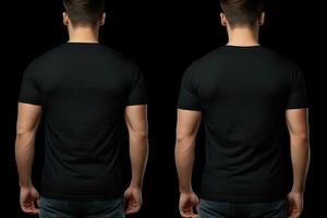 frente y espalda puntos de vista de masculino t camisa aislado en negro fondo, masculino modelo vistiendo un negro color henley t camisa en un blanco fondo, frente ver y espalda vista, parte superior sección recortado, ai generado foto