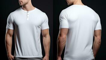 Blank white tshirt template, front and back view. Mockup for design, Male model wearing a simple white polo shirt on a Black background, front view and back view, top section croppedped, AI Generated photo