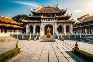 the golden buddha statue in the middle of a chinese temple. AI-Generated photo