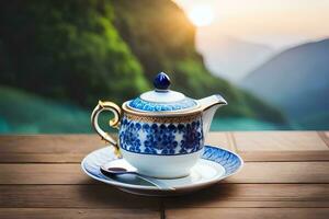 tea pot on wooden table with mountains in the background. AI-Generated photo
