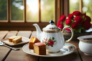 a teapot and cake on a table with a cup of tea. AI-Generated photo