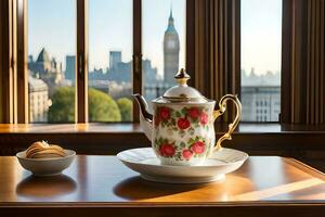 un té maceta y un taza en un mesa con un ver de Londres. generado por ai foto