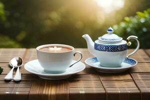 un taza de té y un tetera en un de madera mesa. generado por ai foto