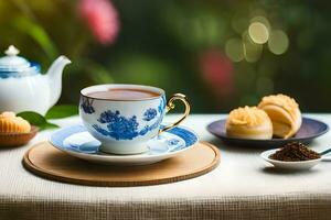 chinese tea and biscuits on a table. AI-Generated photo