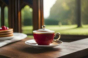 a red cup sits on a saucer next to a plate of pancakes. AI-Generated photo