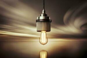 a light bulb is hanging from a wire over water. AI-Generated photo