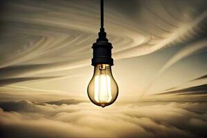 a light bulb is hanging in the air above clouds. AI-Generated photo