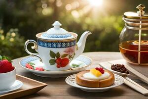 a table with a cup of tea, a plate of fruit and a cake. AI-Generated photo