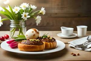 easter dessert with chocolate and flowers on a wooden table. AI-Generated photo