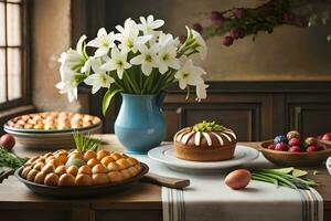 a table with a cake, eggs, and flowers. AI-Generated photo