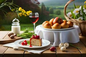 a basket of cakes and a glass of wine on a table. AI-Generated photo