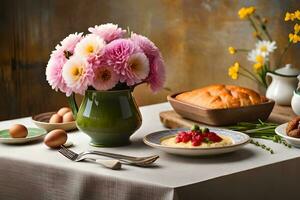 a table with flowers and bread on it. AI-Generated photo