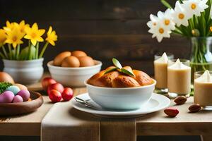 Pascua de Resurrección desayuno con huevos, un pan y flores generado por ai foto