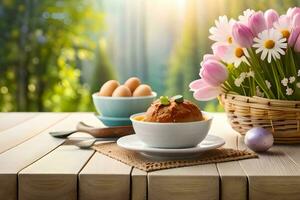 easter breakfast with eggs and flowers. AI-Generated photo