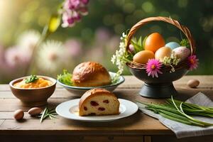 Pascua de Resurrección cesta con huevos, un pan y flores en mesa. generado por ai foto