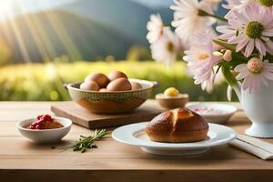 easter breakfast with flowers and eggs on a table. AI-Generated photo